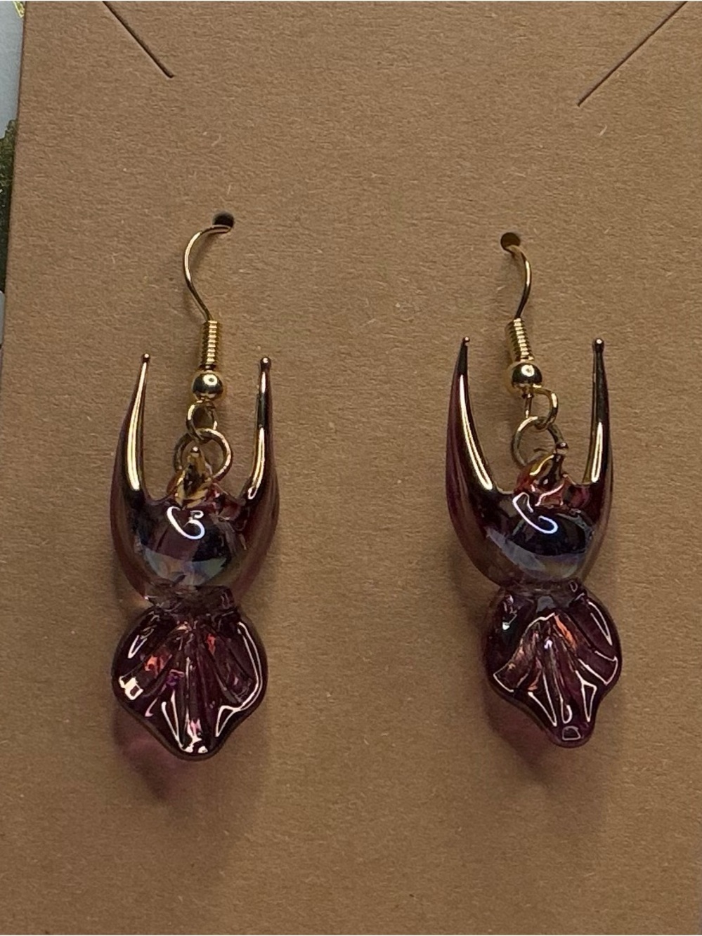 Handcrafted Plum Glass Floral Bell Drop Earrings Gold French Wire